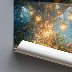 May include: A detailed illustration of a mystical forest scene. A large tree is adorned with glowing lanterns and fairy lights. Mushrooms and flowers dot the forest floor, creating a magical and enchanting atmosphere. The color palette includes greens, blues, and warm golden hues.