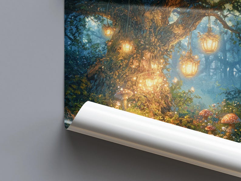 May include: A detailed illustration of a mystical forest scene. A large tree is adorned with glowing lanterns and fairy lights. Mushrooms and flowers dot the forest floor, creating a magical and enchanting atmosphere. The color palette includes greens, blues, and warm golden hues.