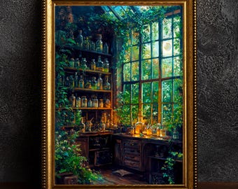 Witches Greenhouse Botanical Print, Dark Academia Cottagecore Wall Art