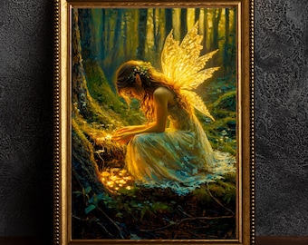 Fairy in Forest Poster Enchanted Woodland Artwork Magical Nature Illustration Cottagecore Wall Art Whimsical Fantasy Print Vintage Fairycore