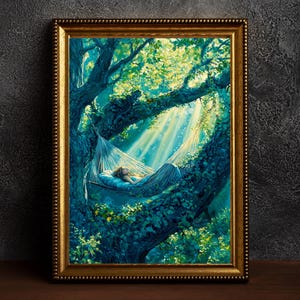 Fairy in Hammock Poster Enchanted Woodland Artwork Magical Nature Illustration Cottagecore Wall Art Whimsical Fantasy Print Vintage Fairycor