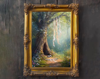 May include: A framed painting with a gold ornate frame. The artwork depicts a serene forest scene with a large tree, a path, and hanging ribbons. The color palette includes greens, blues, and whites, creating a peaceful atmosphere.