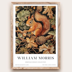 William Morris Red Squirrel Woodland Print, Arts Crafts Botanical Poster Artwork