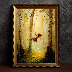 Fairy on Swing Poster Enchanted Woodland Artwork Magical Nature Illustration Cottagecore Wall Art Whimsical Fantasy Print Vintage Fairycore