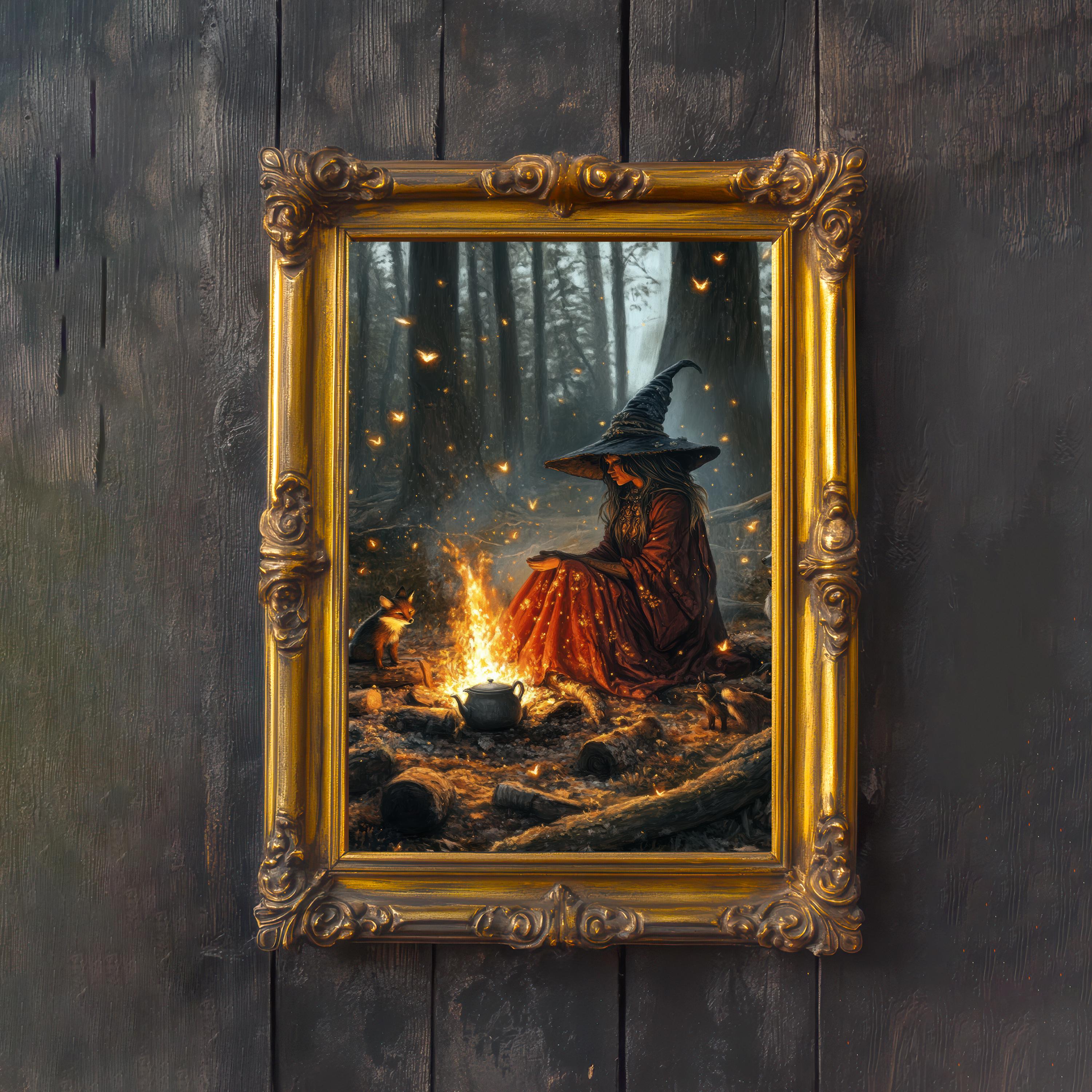 Firelight Witch Cottagecore Print Poster Vintage Magical Art Dark Academia Wall Decor Antique Illustration Enchanted Hearth Cottagecore