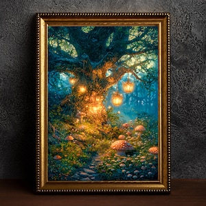 May include: A framed art print depicting a magical forest scene. The artwork features a large, illuminated tree with hanging lanterns, a path, and vibrant mushrooms. The frame is gold-colored, adding to the enchanting aesthetic.