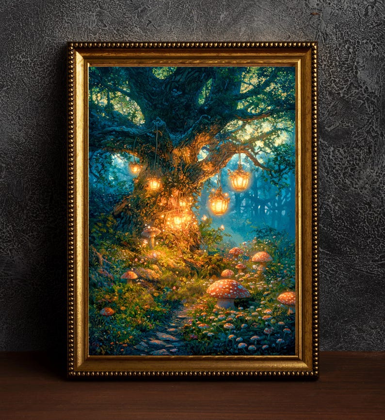 May include: A framed art print depicting a magical forest scene. The artwork features a large, illuminated tree with hanging lanterns, a path, and vibrant mushrooms. The frame is gold-colored, adding to the enchanting aesthetic.