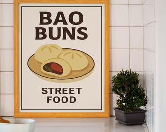 Póster de bollos Bao, arte mural de comida asiática, impresión de comida callejera china, decoración para cocina y comedor, obra de arte moderna Bao, regalo para amantes de los dumplings.
