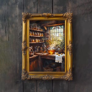 May include: A framed painting shows a rustic kitchen interior with shelves of jars, a glass teapot, and a stained-glass window. The painting is set in a gold ornate frame against a dark wood background. The artwork has a cosy, vintage aesthetic.