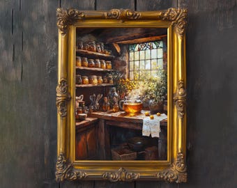 May include: A framed painting shows a rustic kitchen interior with shelves of jars, a glass teapot, and a stained-glass window. The painting is set in a gold ornate frame against a dark wood background. The artwork has a cosy, vintage aesthetic.
