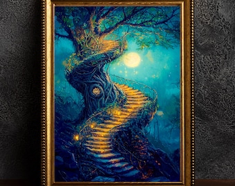 May include: A framed artwork shows a fantastical tree with a winding staircase leading to a full moon. The tree's trunk and branches are dark, contrasting with the glowing staircase and moon. The artwork is set in a gold frame.