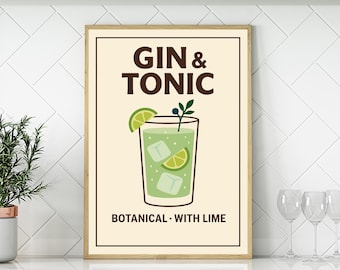 Gin and Tonic Poster Cocktail Wall Art Classic Drink Print Home Bar Decor Modern G&T Artwork Mixology Poster Gift for Gin Lovers