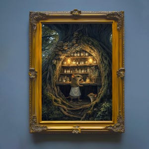 May include: A framed artwork depicts a whimsical scene of a mouse in a white apron standing in a tree hollow filled with jars and shelves. The artwork is framed in a gold ornate frame, set against a blue background.