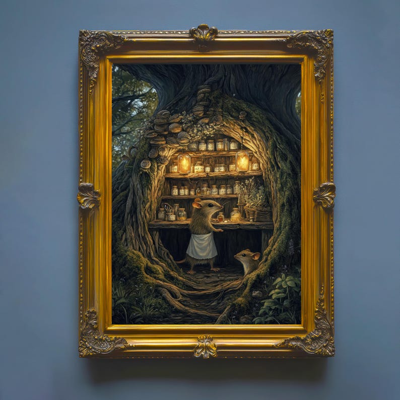 May include: A framed artwork depicts a whimsical scene of a mouse in a white apron standing in a tree hollow filled with jars and shelves. The artwork is framed in a gold ornate frame, set against a blue background.