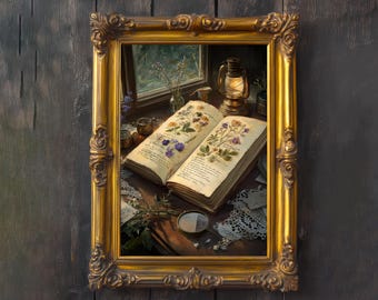 May include: A framed painting depicts an open antique book with botanical illustrations. The book is on a wooden table with a magnifying glass, lace, and a lantern. The frame is ornate and gold-colored.