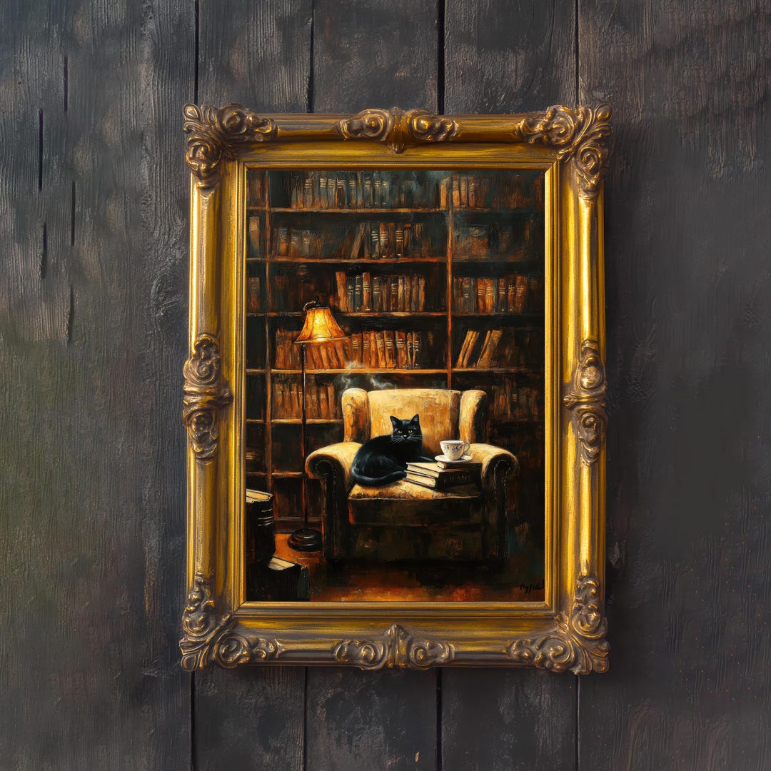 Old Library Nook With Cat Cottagecore Print Poster Vintage Cozy Art ...