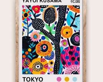 草間彌生にインスパイアされた花柄プリント、抽象的な水玉模様のアート