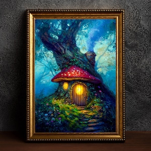 Toadstool Cottage Poster Whimsical Mushroom Artwork Cottagecore Wall Art Enchanted Nature Illustration Cozy Woodland Print Fairycore Decor