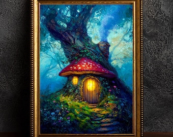 Póster de cabaña de setas, obra de arte caprichosa con hongos, arte de pared cottagecore, ilustración de naturaleza encantada, impresión acogedora de bosque, decoración de hadas