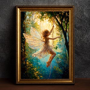 Fairy on Swing Poster Enchanted Woodland Artwork Magical Nature Illustration Cottagecore Wall Art Whimsical Fantasy Print Vintage Fairycore