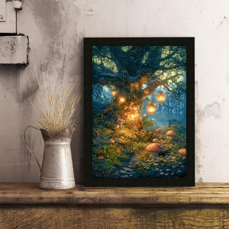 May include: A framed art print depicting a whimsical forest scene. The artwork features a large tree illuminated by glowing lanterns, with mushrooms and a path leading into the woods. The color palette includes greens, blues, and warm yellow tones.
