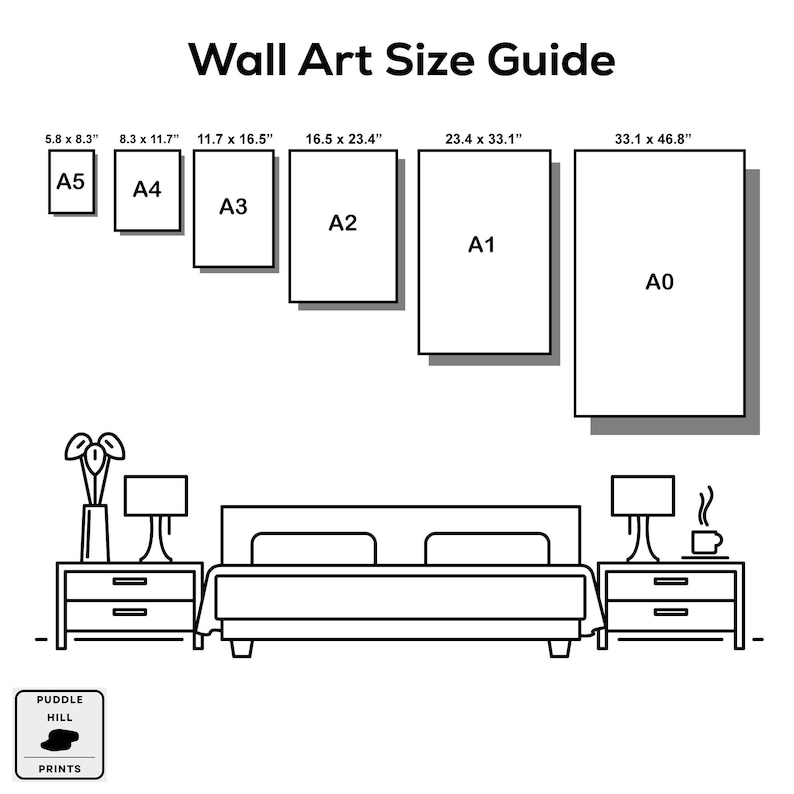 May include: Wall art size guide with dimensions in inches, including A5, A4, A3, A2, A1, and A0 sizes. The image shows a bedroom setting with a bed, nightstands, and lamps, illustrating how the art sizes might look in a room.