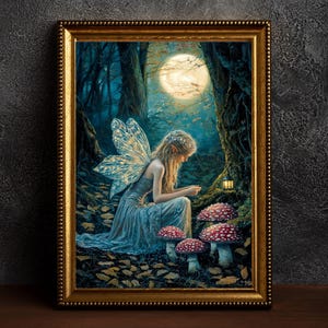 Fairy in Forest Poster Enchanted Woodland Artwork Magical Nature Illustration Cottagecore Wall Art Whimsical Fantasy Print Vintage Fairycore