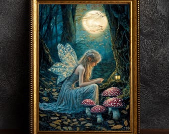 Fairy in Forest Poster Enchanted Woodland Artwork Magical Nature Illustration Cottagecore Wall Art Whimsical Fantasy Print Vintage Fairycore