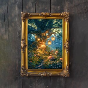 May include: A framed art print depicting a whimsical forest scene. The artwork features a large tree adorned with glowing lanterns, a path, and mushrooms. The frame is ornate with a gold finish, set against a dark wood background.