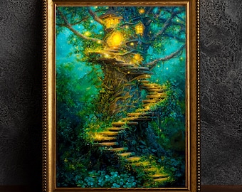 May include: A framed painting of a fantastical treehouse scene. The artwork shows a large tree with a winding staircase leading to a glowing, illuminated treehouse. The colour palette includes greens, blues, and golden yellows, creating a magical atmosphere.