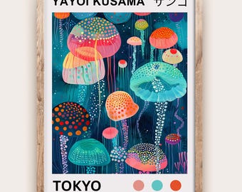 Yayoi Kusama Medusa Poster Stampa Moderna Pop Art Decorazione Astratta Giapponese con Creature Marine a Pois per Case Contemporanee