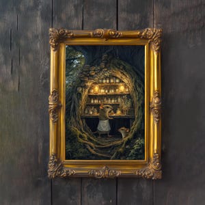 May include: A framed artwork featuring a whimsical scene of two mice in a tree hollow. The mice are in a pantry filled with jars and shelves. The frame is ornate, gold-colored, and the background is a dark wood.