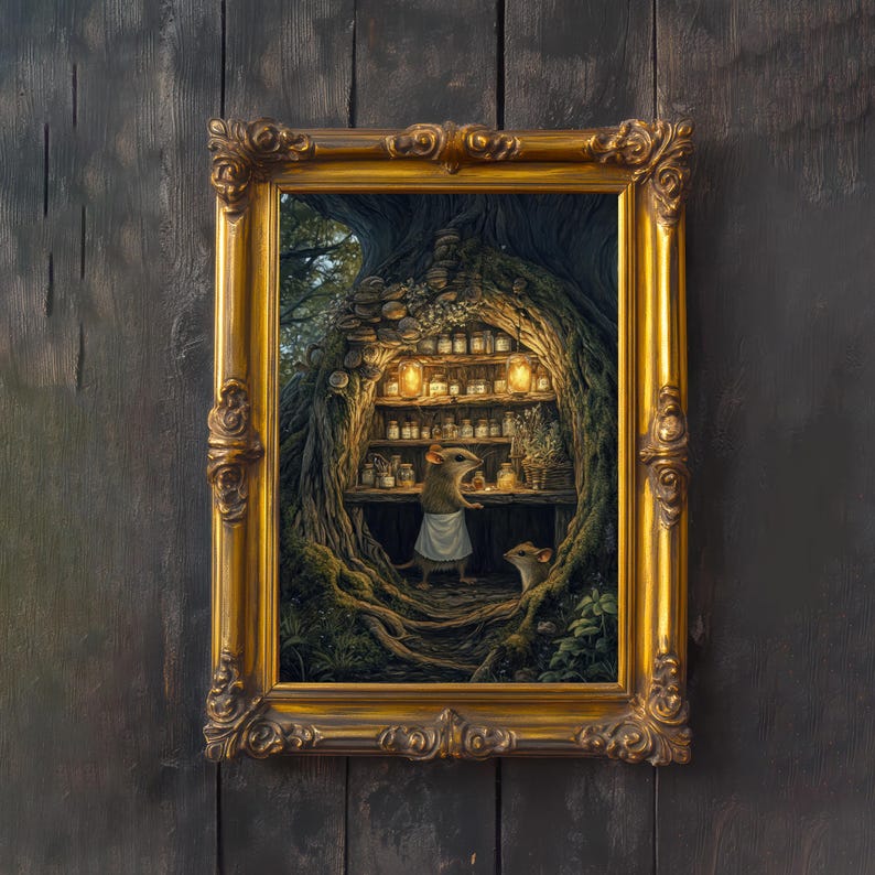 May include: A framed artwork featuring a whimsical scene of two mice in a tree hollow. The mice are in a pantry filled with jars and shelves. The frame is ornate, gold-colored, and the background is a dark wood.
