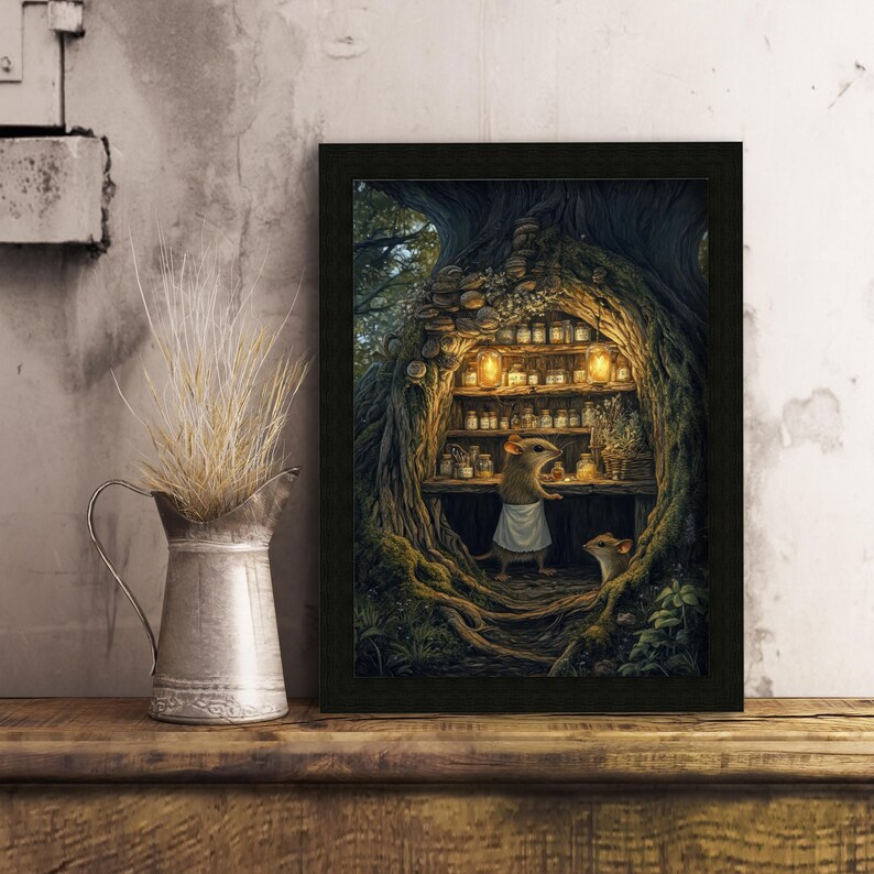 May include: Framed art print depicting a whimsical scene of a mouse in a white apron, standing in a tree hollow filled with jars and bottles. The artwork is set in a forest with warm lighting, creating a cozy, inviting atmosphere.