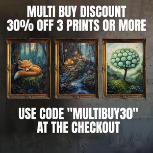 May include: Three framed art prints with gold ornate frames. The prints depict a sleeping fox, a path with glowing lights, and a tree with spherical green leaves. Text at the top reads "MULTI BUY DISCOUNT 30% OFF 3 PRINTS OR MORE". The text at the bottom reads "USE CODE 'MULTIBUY30' AT THE CHECKOUT".