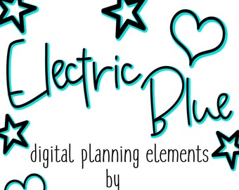 Autocollants de planificateur numérique bleu électrique, autocollants de mots décoratifs noirs et bleus dans les fichiers PNG et Goodnotes