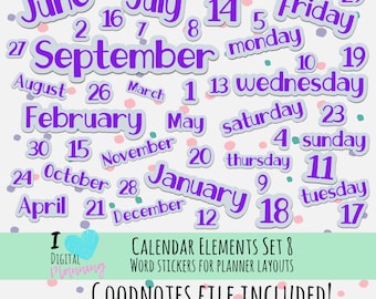 Calendar Elements Decorative Word Digital Planner Stickers Set 8 PNG and Goodnotes files Purple and White Plus Bonus Weekend Sticker