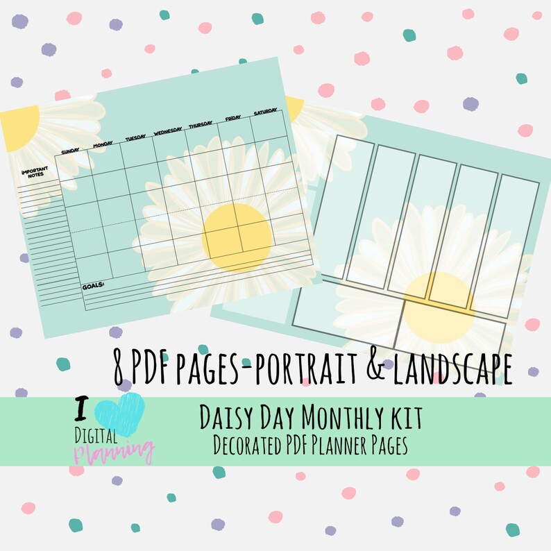 May include: A printable PDF planner kit with 8 pages featuring a daisy design. The kit includes both portrait and landscape layouts. The pages are decorated with white daisies on a light blue background. The text "Daisy Day Monthly Kit" and "Decorated PDF Planner Pages" is included in the image.