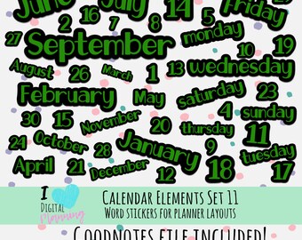 Calendar Elements Decorative Word Digital Planner Stickers Set 11 PNG and Goodnotes files Green and Black Plus Bonus Weekend Sticker