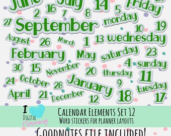 Calendar Elements Decorative Word Digital Planner Stickers Set 12 PNG and Goodnotes files Green and White Plus Bonus Weekend Sticker
