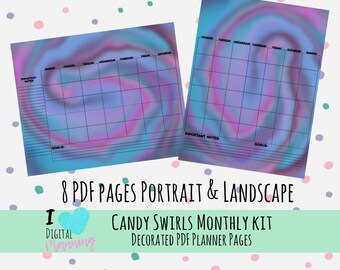 Candy Swirls PDF Planner Pages with Sunday and Monday Starts, Landscape and Portrait Versions