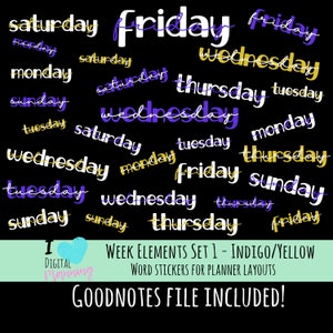 Indigo Yellow Week Elements Decorative Word Digital Planner Stickers Set 1 for Dark Backgrounds