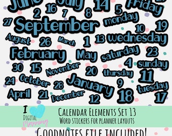 Calendar Elements Decorative Word Digital Planner Stickers Set 13 PNG and Goodnotes files Winter Blue and Black Plus Bonus Weekend Sticker