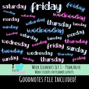 Pink Blue Week Elements Decorative Word Digital Planner Stickers Set 1 for Dark Backgrounds
