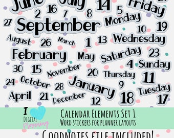 Calendar Elements Decorative Word Digital Planner Stickers Set 1 PNG and Goodnotes files