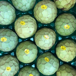 May include: A container of 14 green cherimoya fruits with yellow stickers that say "4257" on them.