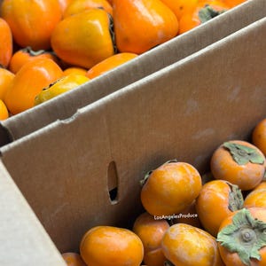 May include: A cardboard box filled with ripe persimmons. The persimmons are a vibrant orange color with green stems. The box is partially open, revealing the fruit inside. The text "LosAngelesProduce" is visible on the box.