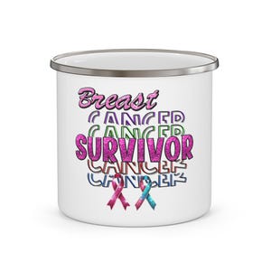 Enamel Mug, Breast Cancer Survivor Gift, Pink Ribbon Awareness, Campfire Coffee Cup, Outdoor Adventure Drinkware
