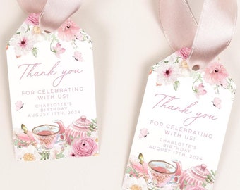May include: Two pink and white floral thank you tags with a teacup and teapot illustration. The text reads "Thank you for celebrating with us! Charlotte's Birthday August 17th, 2024".