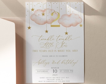 May include: A pink and gold invitation for a second birthday party. The invitation features a watercolor illustration of clouds with gold stars and the text "twinkle twinkle little star" and "Ashley's 2nd birthday!" The invitation also includes the date and time of the party, as well as the location and RSVP information.